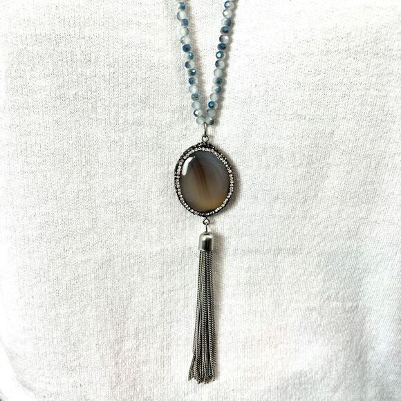 Tassel Chain Necklace Glass Beads Silver Tone Curb 32in Rhinestone Banded Agate - Picture 1 of 14